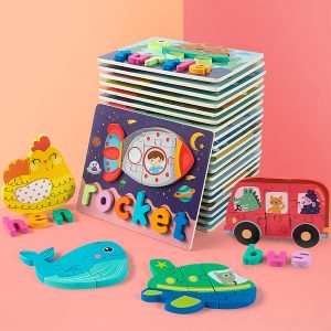 10 Pack Wooden Toddler Puzzles Spelling, Montessori Toy Toddler Baby Ages 2-4 Puzzles Early Develop, Toys Learning Education Preschool Gifts