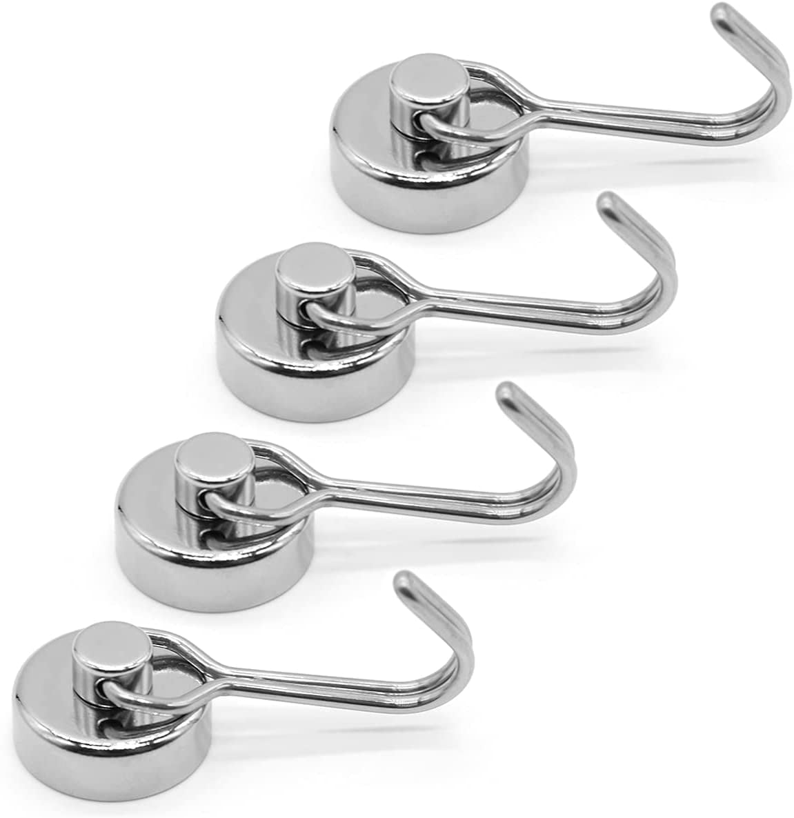 4 Pcs Magnetic Hooks,Heavy Duty 30LBS Neodymium Magnet Hook with Rust Proof for Indoor Outdoor Hanging,Refrige,Grill,Kitchen,Key Holder Silver
